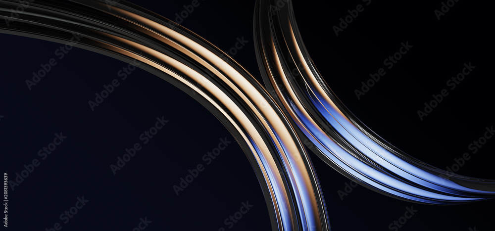 Fototapeta premium Abstract dark 3d background with liquid glass curve ribbons in gold blue neon gradient render. Elegant fluid lines, holographic translucent waves, futuristic tech and luxury design. 3D illustration