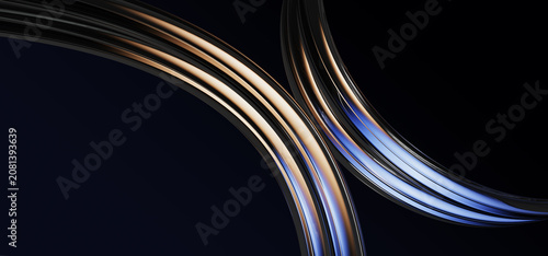 Φωτογραφία Abstract dark 3d background with liquid glass curve ribbons in gold blue neon gradient render