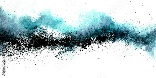 Foto Abstract explosion of turquoise and black pigment particles against a stark whit