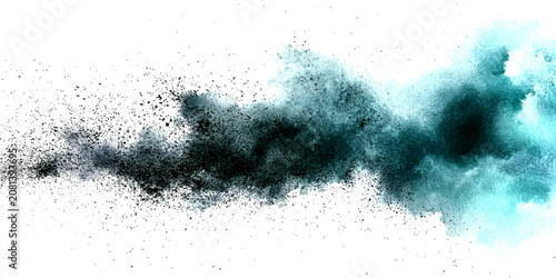 Fényképezés Explosive abstract cloud of turquoise and black powder bursting outwards on a wh