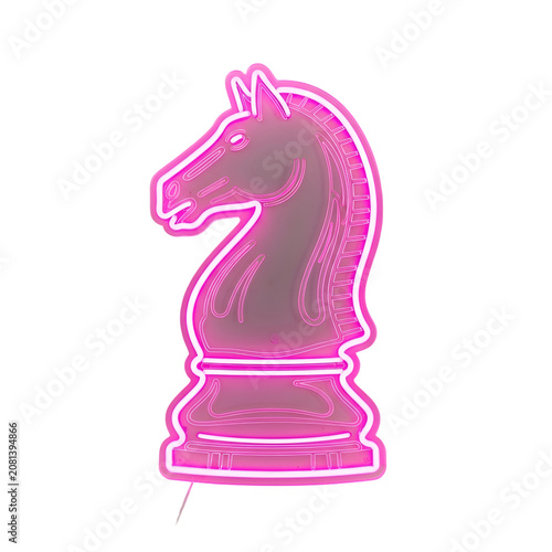 Pink neon chess knight piece sculpture.