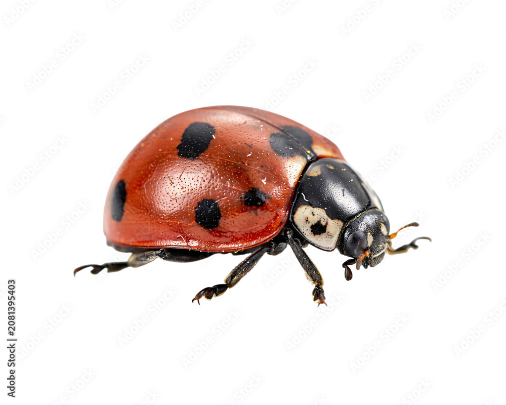 Fototapeta premium Red ladybug insect with black spots on white background isolated on a transparent background