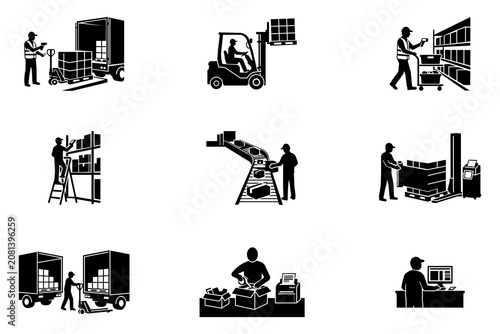 Warehouse Management and Logistics Operations Black Silhouette Icon Set Collection