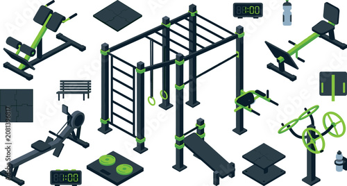 Fotografía Isometric Outdoor Gym Equipment Vector Set with Calisthenics Monkey Bars Rowing