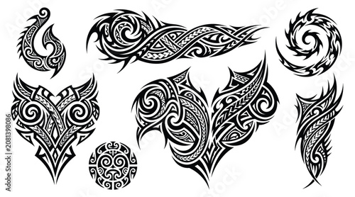 Cuadro en lienzo Tribal art tattoo set. vector black isolated on white