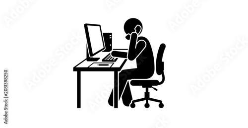 Busy Office Worker Calling While Using Computer Pictogram Vector