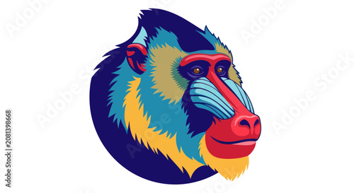 Photography Colorful mandrill head portrait with vibrant graphic details