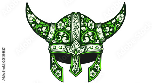 Bild auf Leinwand Ornate green viking helmet with floral filigree and curved horns