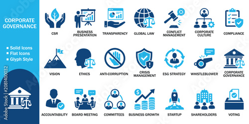 Obraz na płótnie Corporate governance solid icon set with business compliance