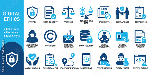 Obraz na plátně Digital ethics solid icon set with data security privacy
