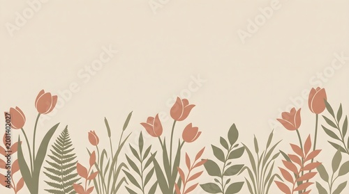 Simple vector wallpaper with wild tulips botanical silhouettes beige copyspace and cozy bohemian aesthetic throughout.