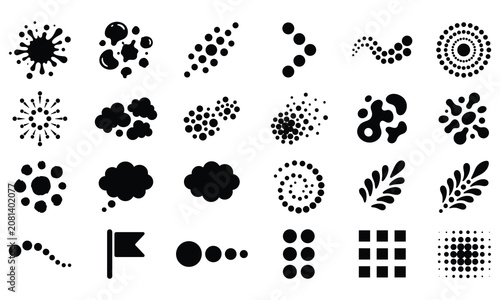 Graphic set of ink splashes clouds and organic dot formations for print design