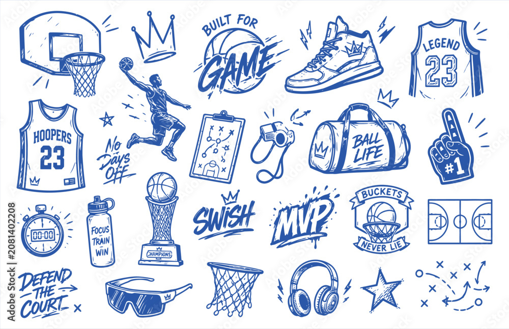 Fototapeta premium Basketball doodle vector collection, hand drawn blue ink sports icons, athletic streetwear graphics with jersey and sneakers