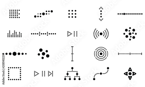 Set of black dot patterns and user interface elements, minimalistic design