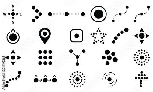 Set of navigation icons featuring pointers markers and path connection elements