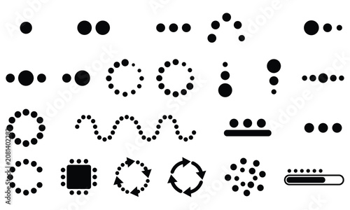 Set of black loading screen circular icons and progress bars for web interface