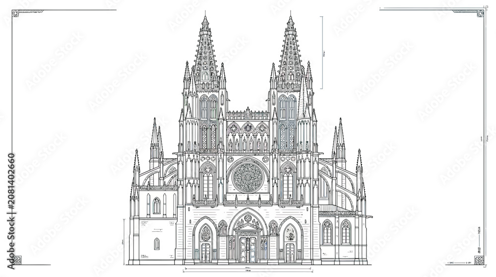 Obraz premium Architectural Blueprint Drawing of Gothic Cathedral Facade