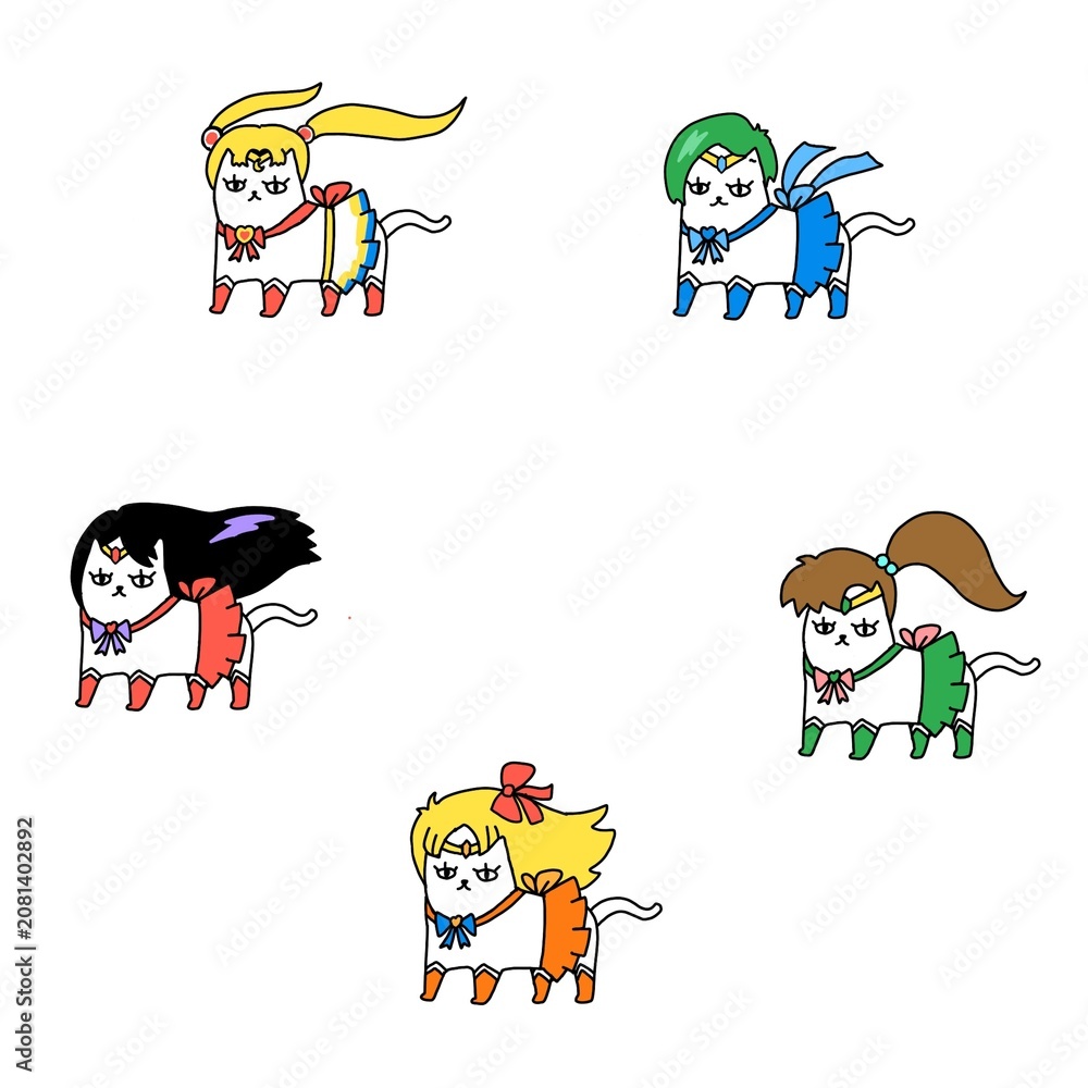 Fototapeta premium Cute magical anime girl costume cats illustration set part one.