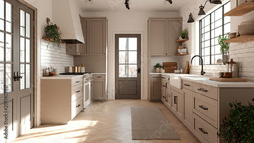 Bright Neutral Kitchen with Wide Windowed Counters and Center Rug