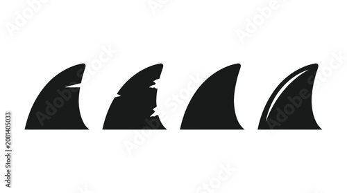 Four distinct black shark fins displayed in a clean minimalist vector style on white background