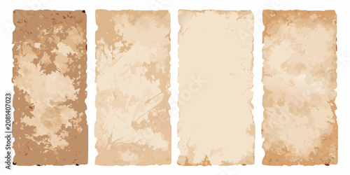 Tableau sur toile four vertical sheets of heavily aged crumpled paper on transparent background te