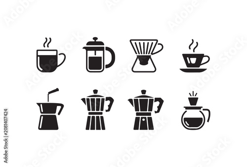 Cuadro en lienzo Coffee making equipment icons featuring various pots drippers and mugs for brewing hot