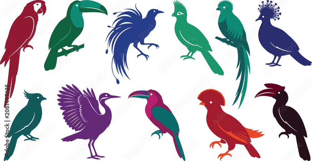 Fototapeta premium Exotic Tropical Birds Vector Silhouette Icon Set with Macaw Parrot Toucan Hornbill and Quetzal for Rainforest Wildlife and Zoo Design Layouts