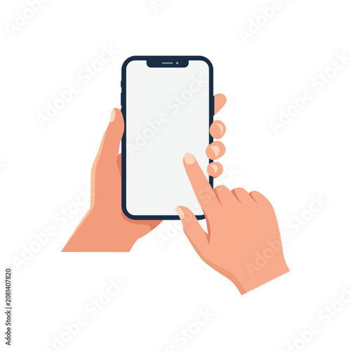 Hand holding smartphone with touchscreen tap gesture. Flat vector illustration isolated on transparent background.