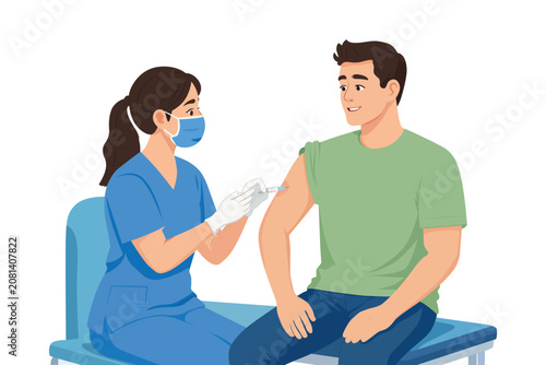 Healthcare worker administering vaccine injection to young man in medical clinic. Flat vector illustration isolated on transparent background.