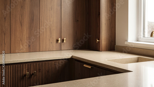 Rustic Wood Kitchen Cabinets and Beige Countertop with Sink by Window