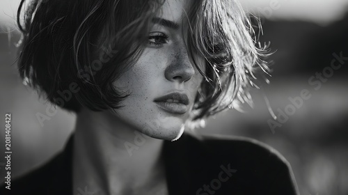 Monochrome portrait of a thoughtful young woman with short hair and freckles. soft lighting. outdo