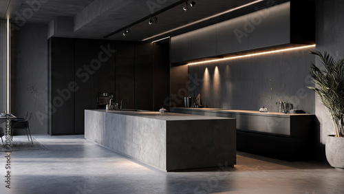 Dark Modern Kitchen Island Studio with Concrete Surfaces