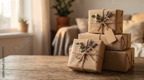 Stack of wrapped gifts on a wooden table in a cozy room with natural light