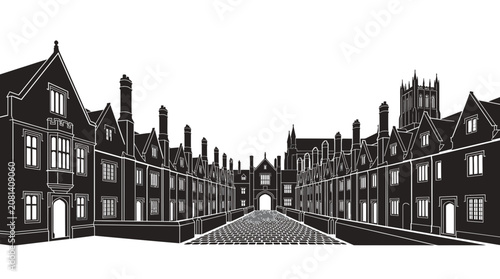 Tableau sur toile Historic University College Courtyard Black and White Line Art Illustration
