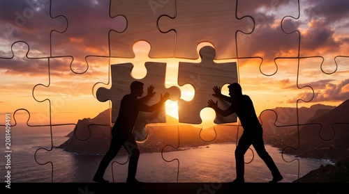 Two people placing large puzzle pieces together at sunset over water with cliffs