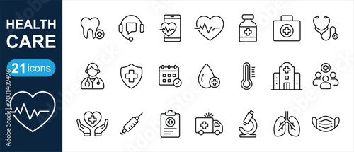 Healthcare Line Icon Set for Medical UI, App, Website and Hospital Vector Collection