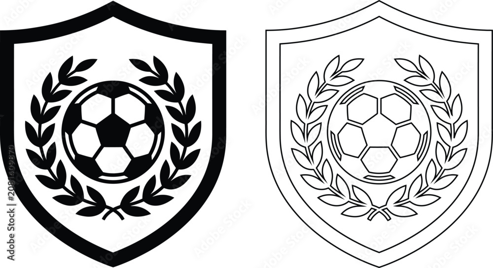 Fototapeta premium Soccer Ball Shield Badge Icon with Laurel Wreath, Black and White Football Club Emblem Vector Logo Set for Sports Team Branding Design