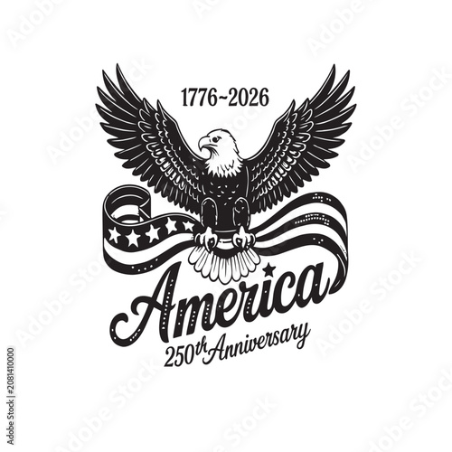 America 250th anniversary vector with bald eagle, patriotic ribbon, stars stripes design and decorative independence celebration artwork