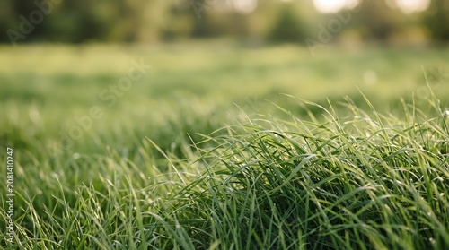 Lush green grass swaying gently in the breeze on a sunny day in a serene natural landscape