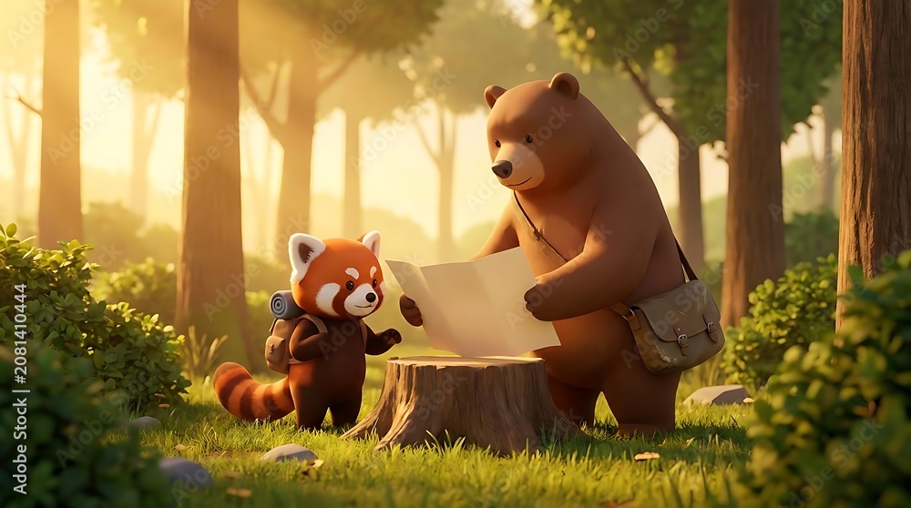 Fototapeta premium 3D cartoon bear and red panda exploring forest map.