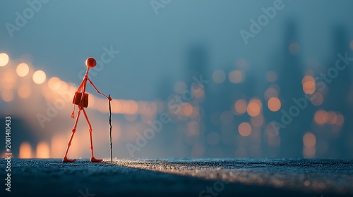 Lone orange stick figure with backpack and walking stick travels against a blurred city skyline at