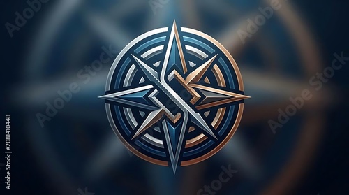 3D metallic compass rose icon on dark blue background.