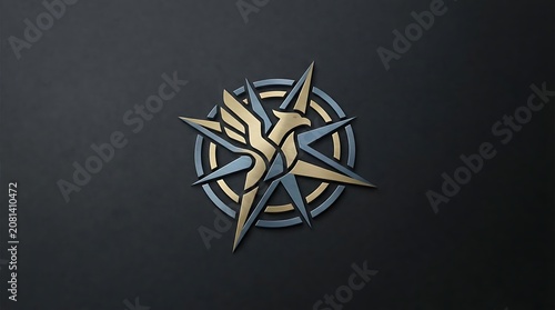 Abstract bird compass logo on dark textured wall.