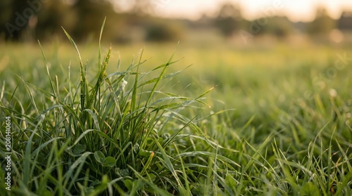 Green grass blades in a serene outdoor setting with trees in the distance at sunset
