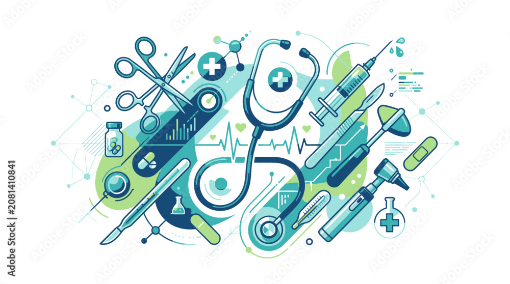 Fototapeta premium Medical tools and equipment arranged on a surface for healthcare