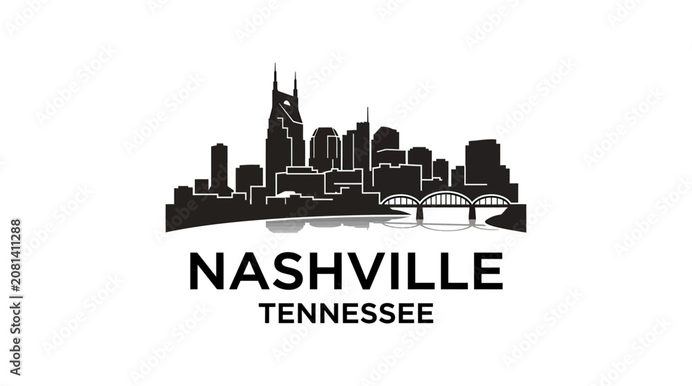 Fototapeta premium Nashville Skyline Silhouette with Bridge and Text - Tennessee Cityscape