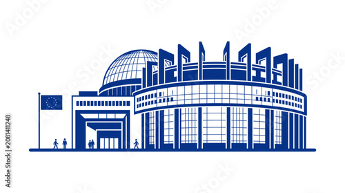 Fotografía European Parliament Building Silhouette, Strasbourg, EU Flag, Modern Architectur