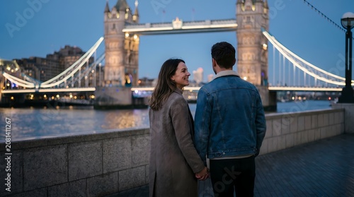 Young Couple Holding Hands Walking Along River Thames With Tower Bridge In The Background At Twilight