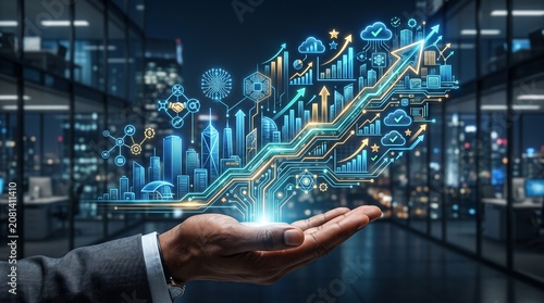 Hand Holding Digital Network Hologram Over Modern Cityscape at Night with Futuristic Technology