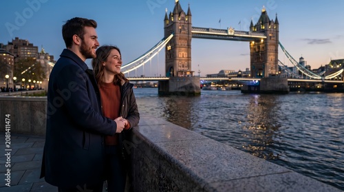 Couple standing by river Thames looking at Tower Bridge in London during sunset